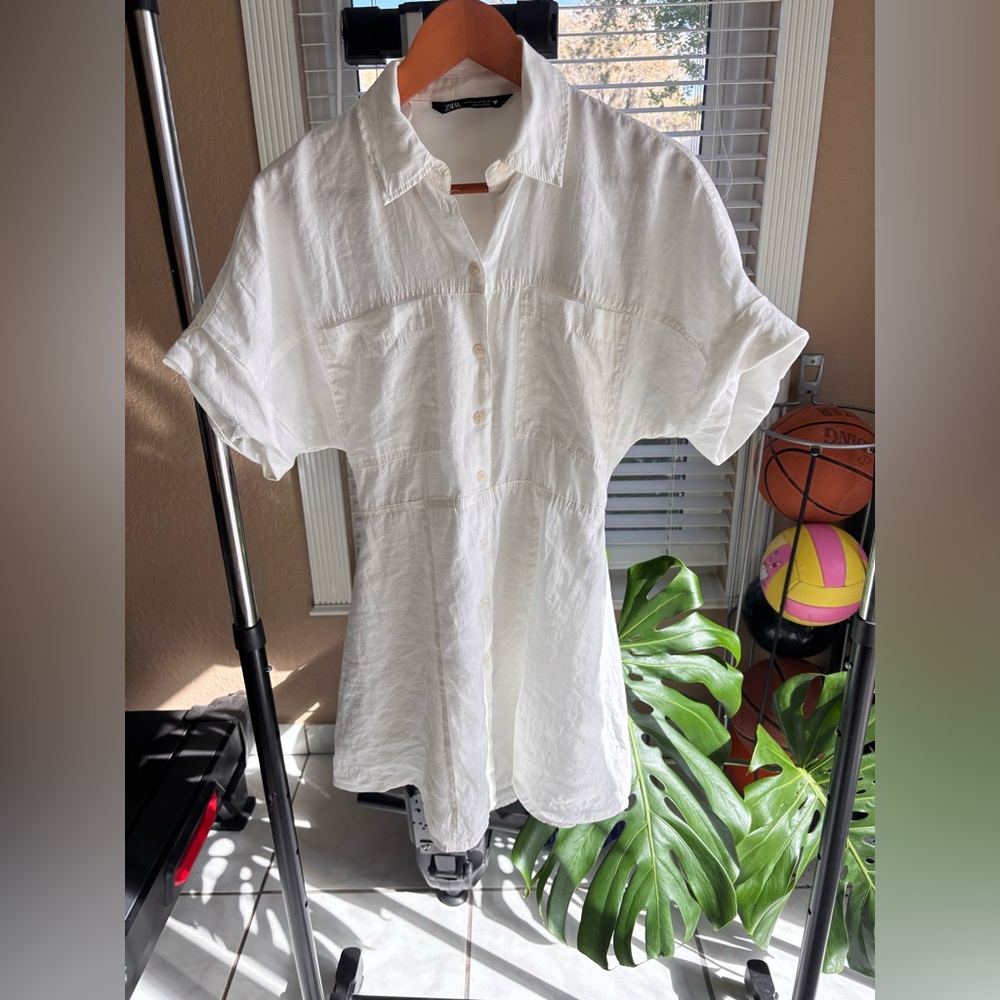 Zara White Button-Front Linen Dress